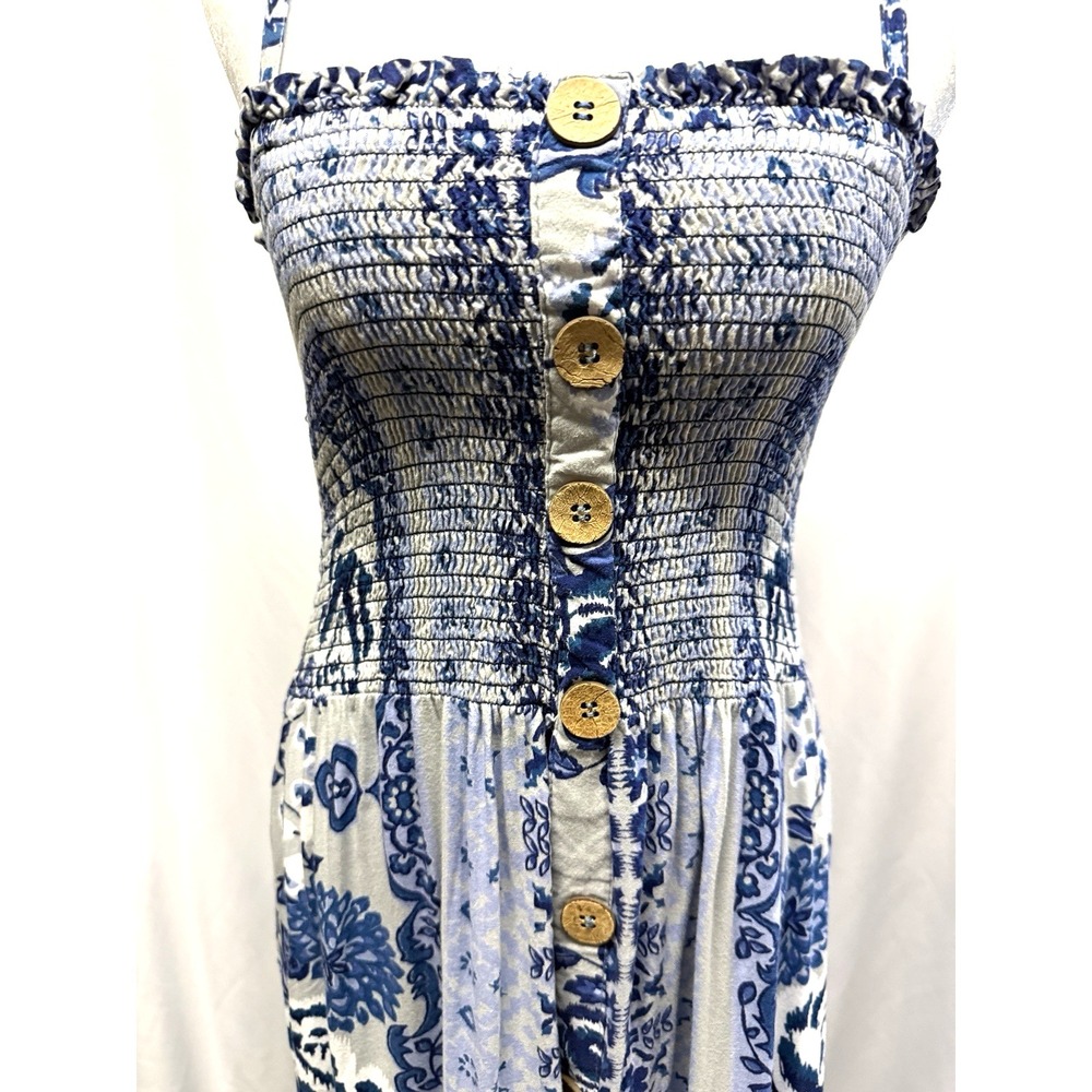 Angie Floral Smocked Maxi Sun Dress Size S Resort Beach Coastal Blue Boho Vaca - Picture 4 of 11